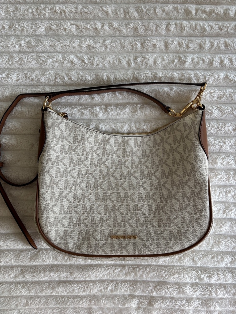 Michael Kors Cream & Brown MK Print Shoulder Bag with Gold Hardware